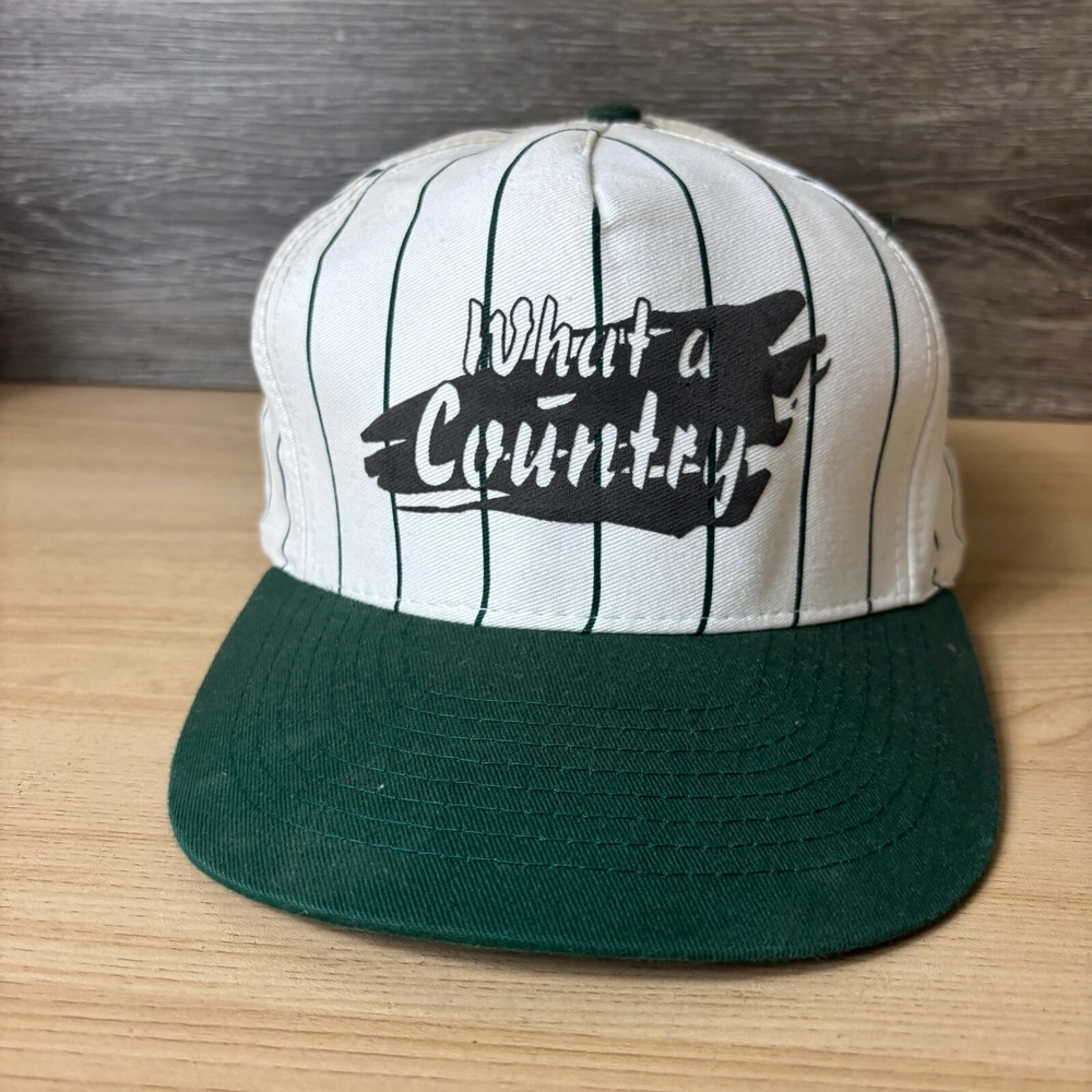 Vintage What A Country Hat Cap Snapback White Green Pinstripe Trucker *